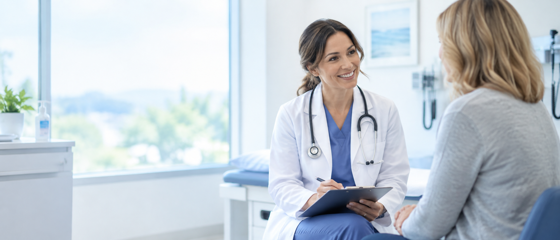 Doctor speaking with a patient in a bright medical office