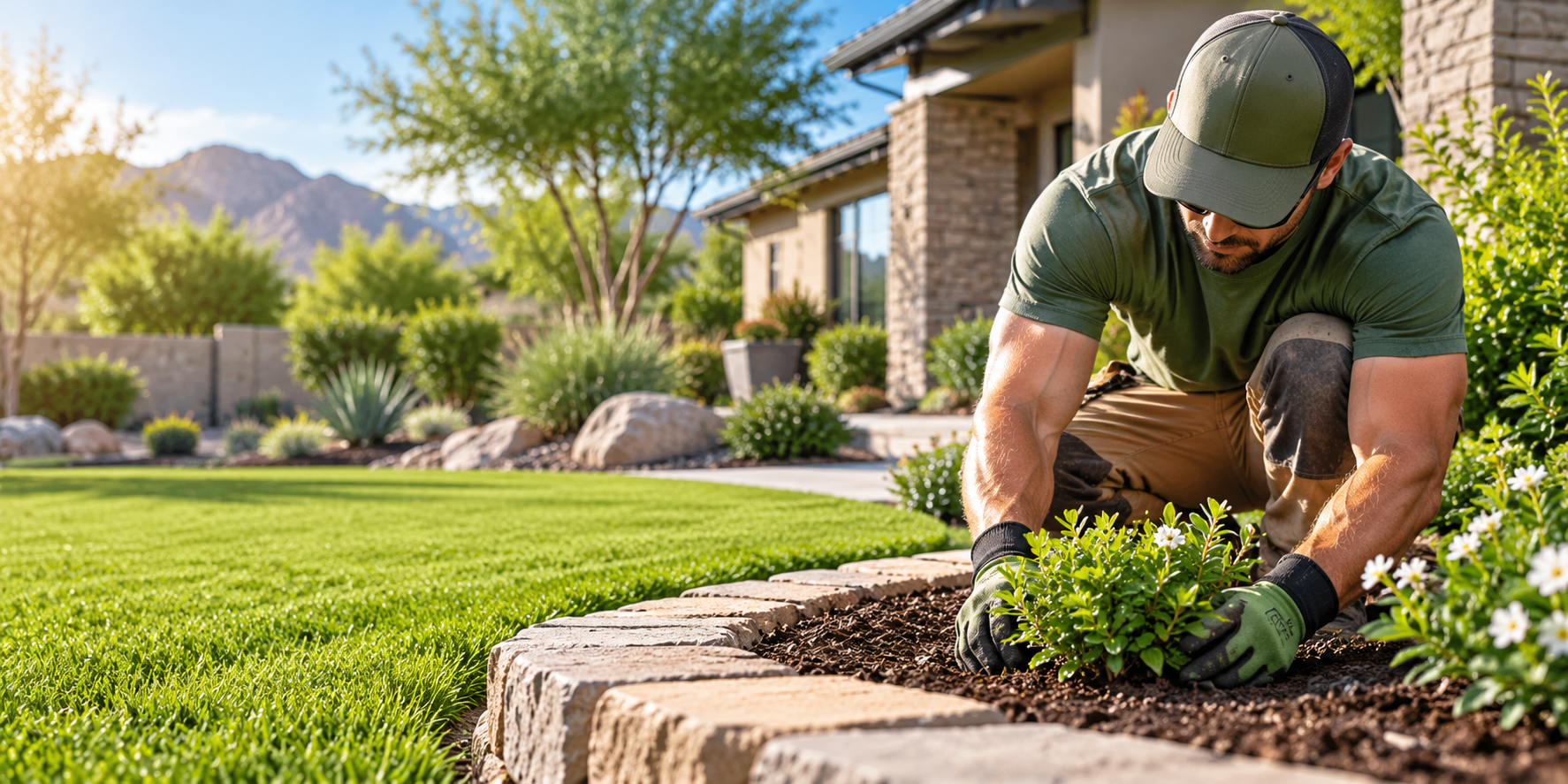 Landscaping professional planting shrubs beside a residential lawn