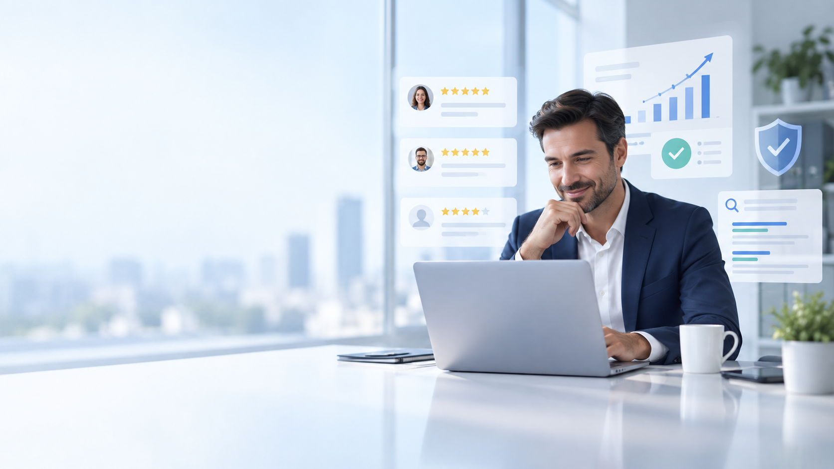 Illustration of a professional reviewing online reputation with review and search graphics