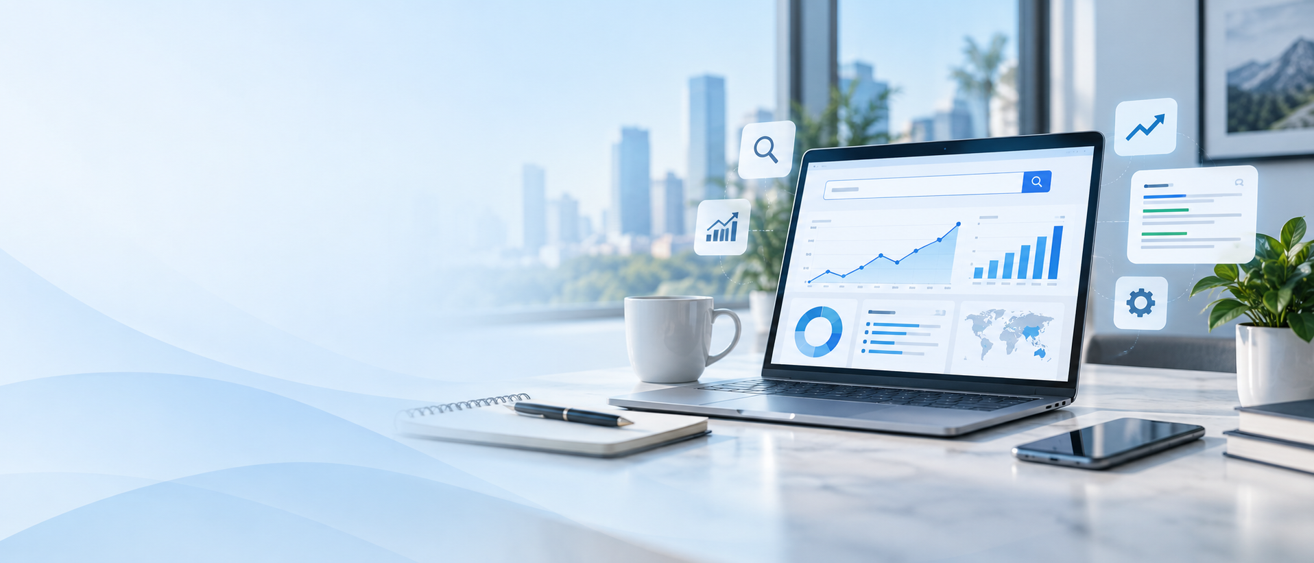 Illustration of a laptop with search analytics and marketing charts