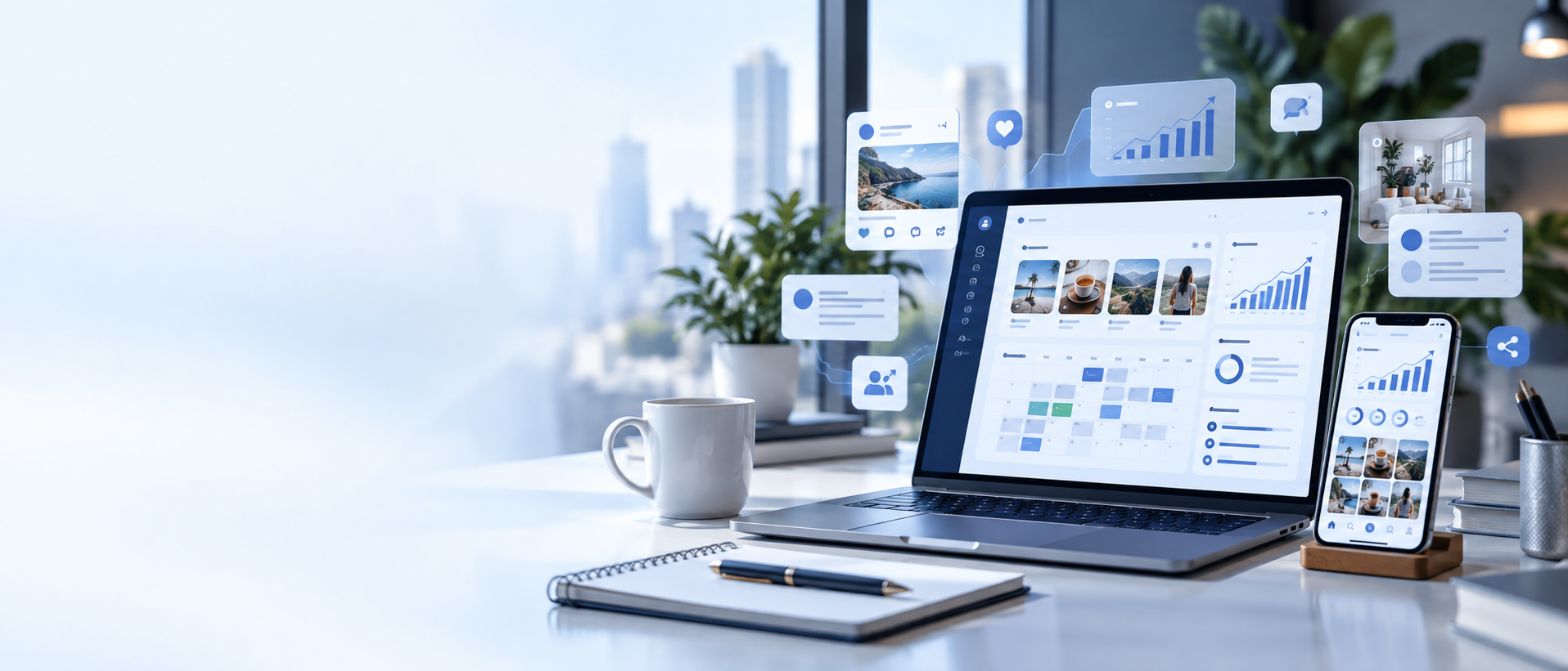 Social media planning workspace with a content calendar, laptop, and phone